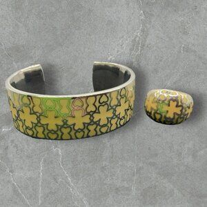 ioblu Stainless Steel Beige Yellow Cuff Bracelet and Ring Set